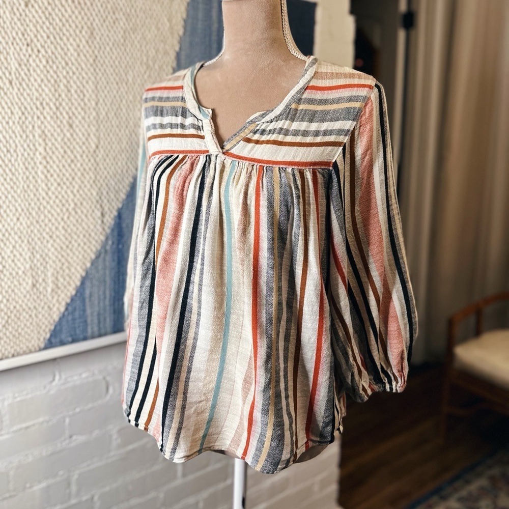 Knox Rose Striped Peasant Blouse in Cream, Rust, Navy & Teal